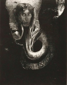 Odilon Redon, Oannès: Moi, la première conscience du chaos, j'ai surgi de l'abîme pour durcir la matière, pour régle (Oannès: I, the First Consciousness of Chaos, Arose from the Abyss to Harden Matter, to Regulate Form) from La Tentation de Sainte-Antoine (The Temptation of Saint Anthony) (plate XIV), 1896